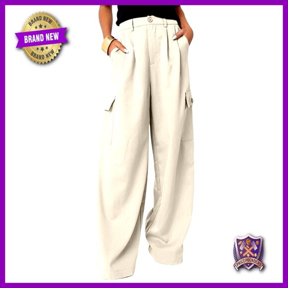 High Waisted Wide Leg Cargo Pants Relaxed Fit 4 Pockets Lightweight Polyester
